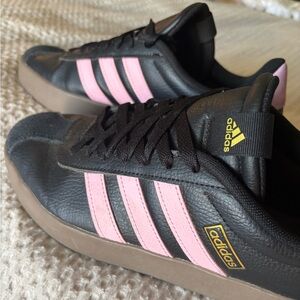 Adidas Samba’s- Black with Pink Stripes-size 9 but runs large more like 9.5